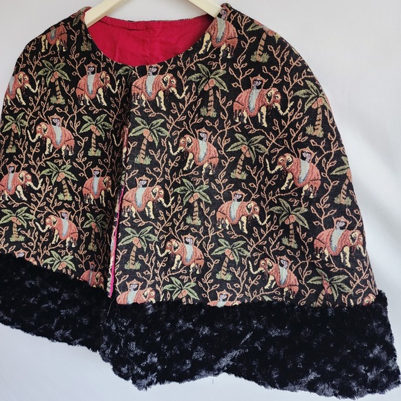 Vintage Elephant Tapestry Cape Faux Fur Trim Boho Ethnic Heavy Wrap Cotton Blend - Picture 7 of 16